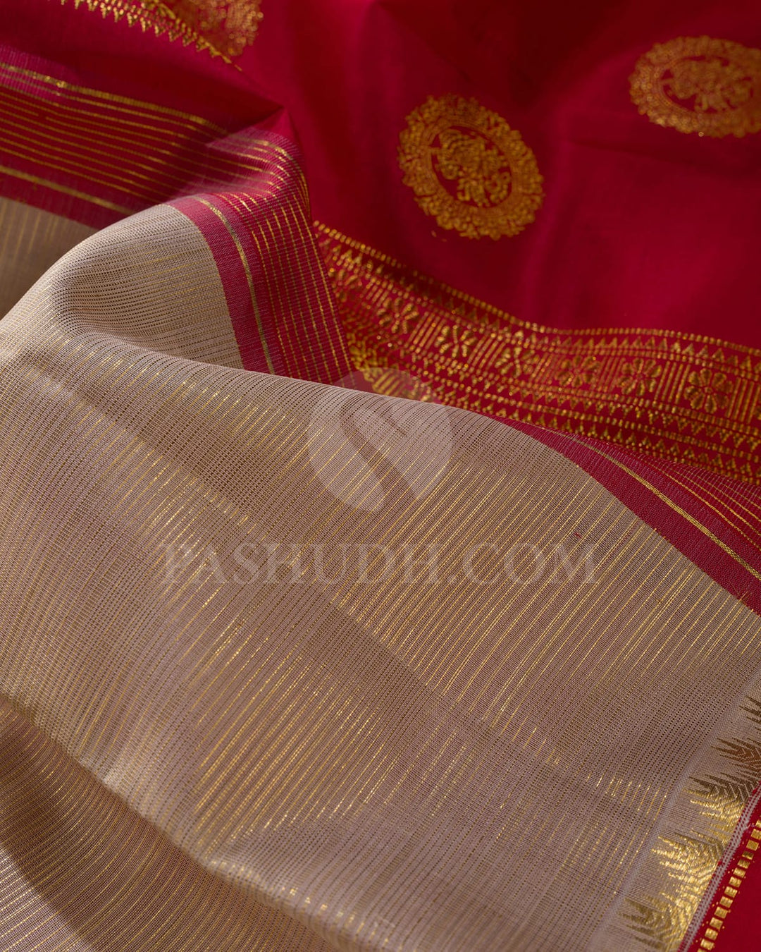 Cream With Red Kanjivaram Silk Saree-S1584(A)
