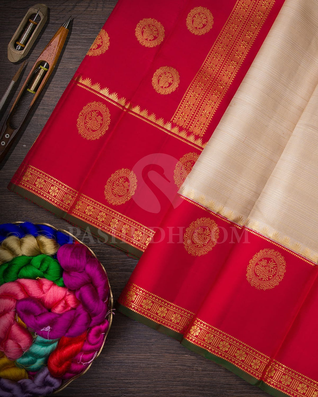 Cream With Red Kanjivaram Silk Saree-S1584(A)