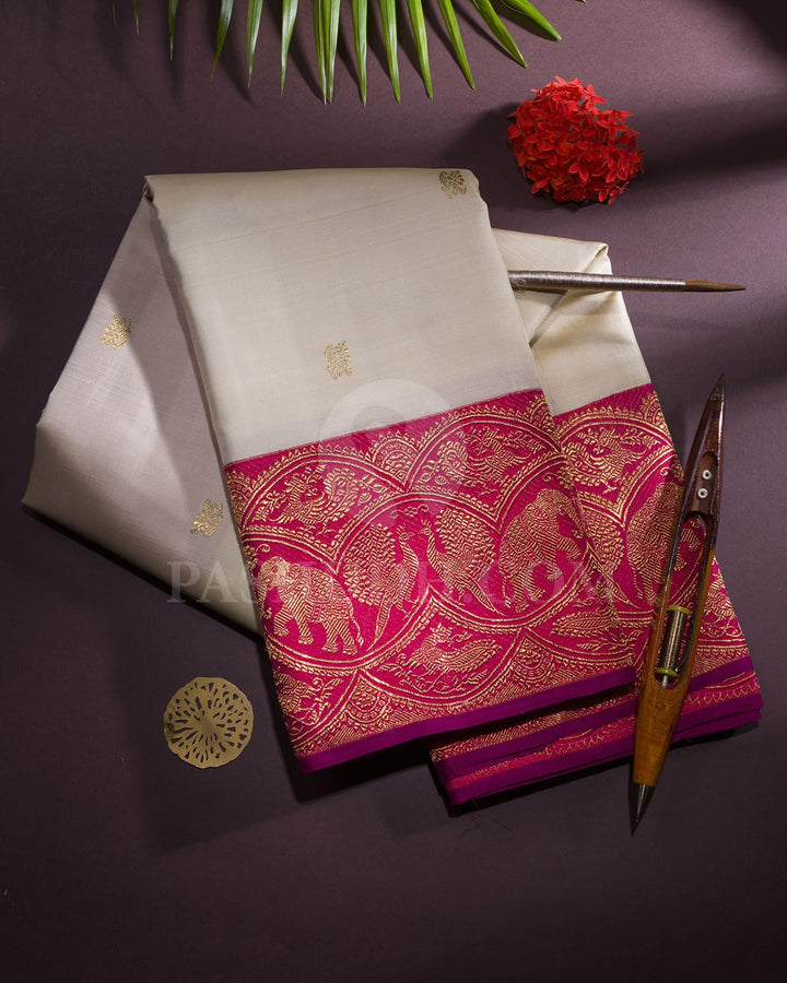 Half White With Rani Pink Kanjivaram Silk Saree-S1514(B)