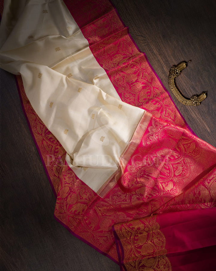 Half White With Rani Pink Kanjivaram Silk Saree-S1514(B)