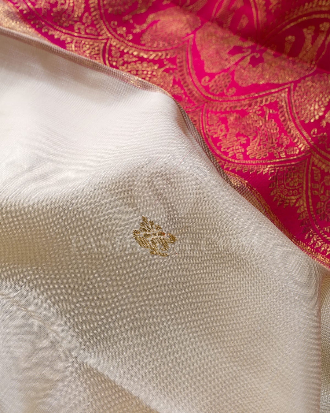 Half White With Rani Pink Kanjivaram Silk Saree-S1514(B)