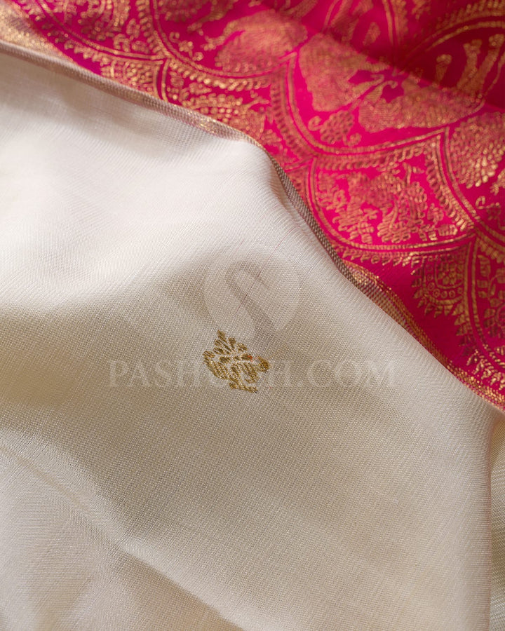Half White With Rani Pink Kanjivaram Silk Saree-S1514(B)