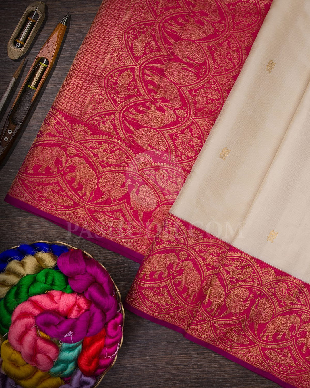 Half White With Rani Pink Kanjivaram Silk Saree-S1514(B)