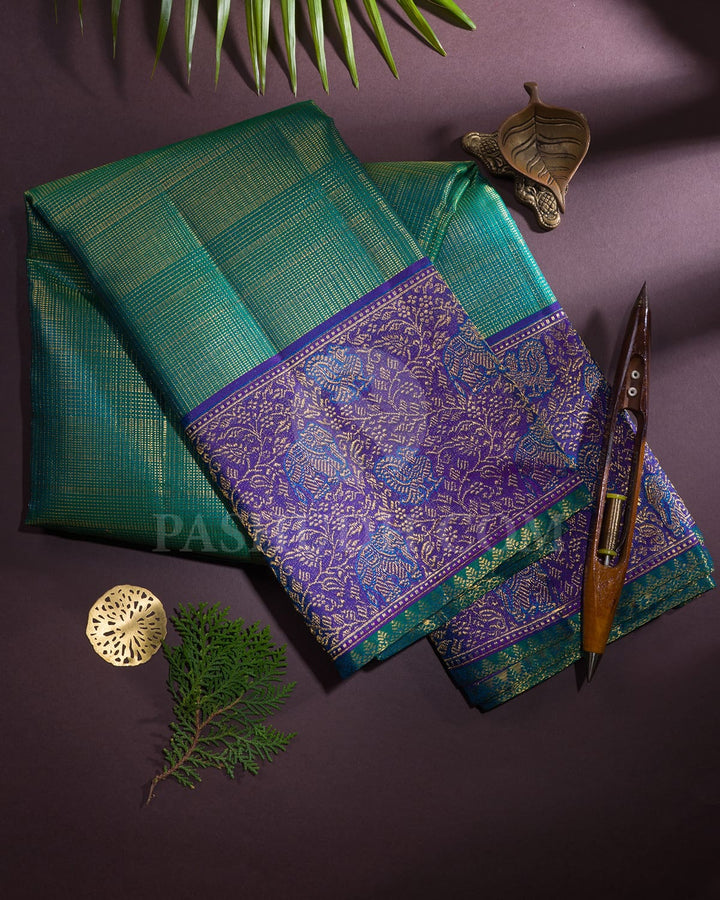 Emerald Green With Dual Shaded Violet Kanjivaram Silk Saree-S1568(B)