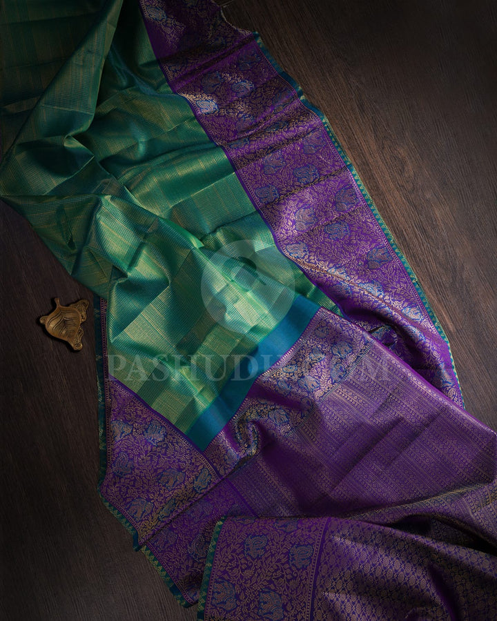 Emerald Green With Dual Shaded Violet Kanjivaram Silk Saree-S1568(B)