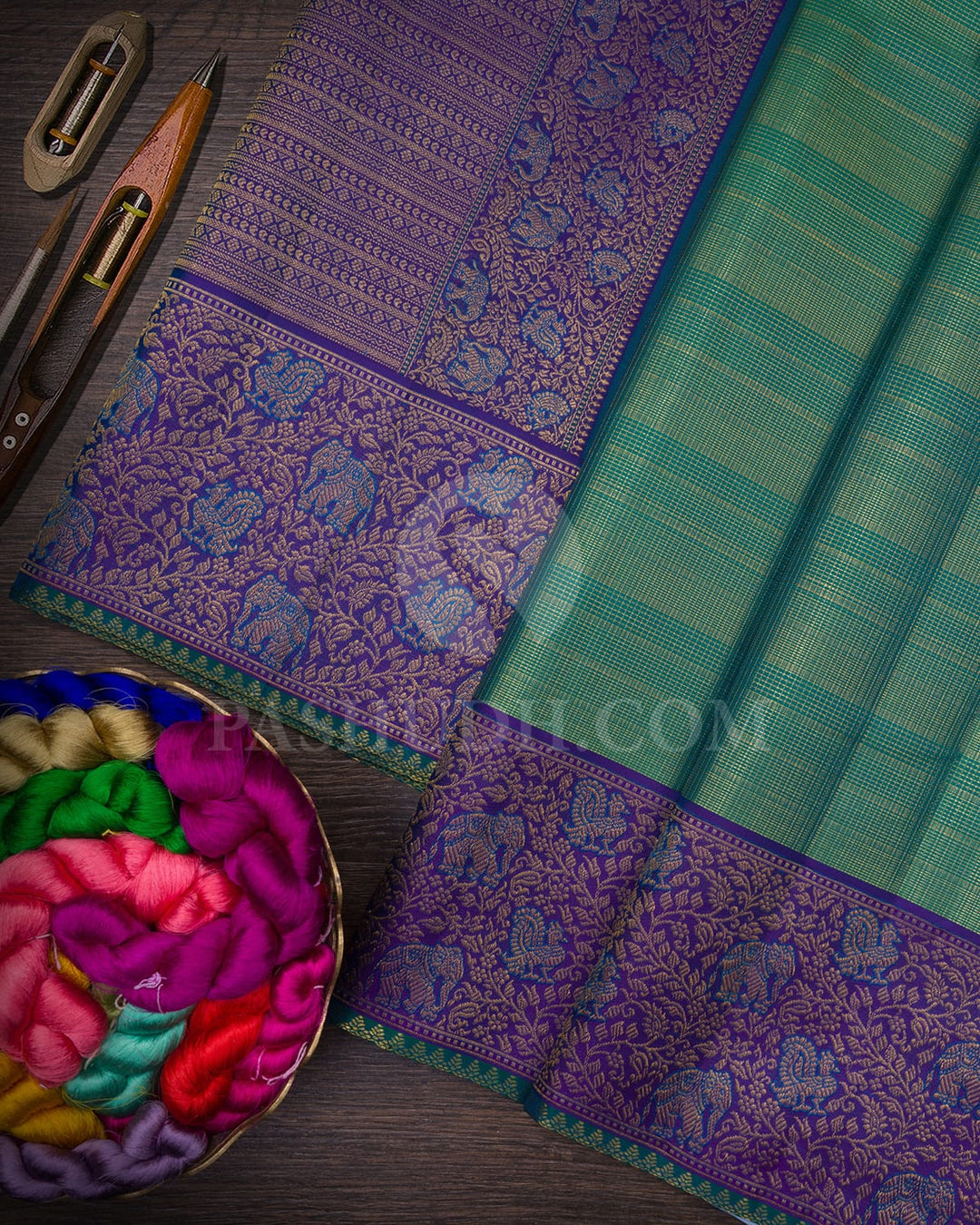 Emerald Green With Dual Shaded Violet Kanjivaram Silk Saree-S1568(B)