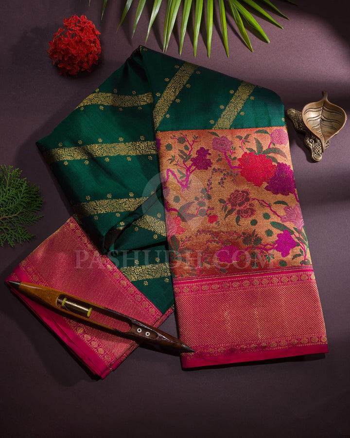 Bottle Green Pure Zari Kanjivaram Silk Saree With Tissue And Shimmer Border-P206(A)