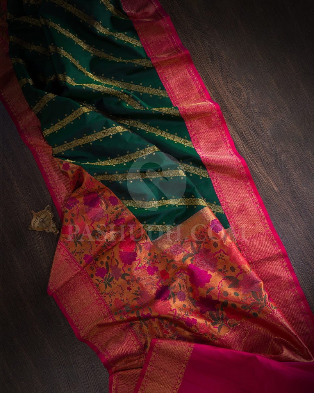 Bottle Green Pure Zari Kanjivaram Silk Saree With Tissue And Shimmer Border-P206(A)