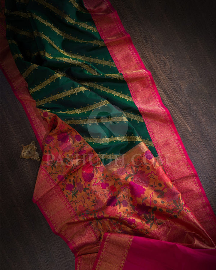 Bottle Green Pure Zari Kanjivaram Silk Saree With Tissue And Shimmer Border-P206(A)