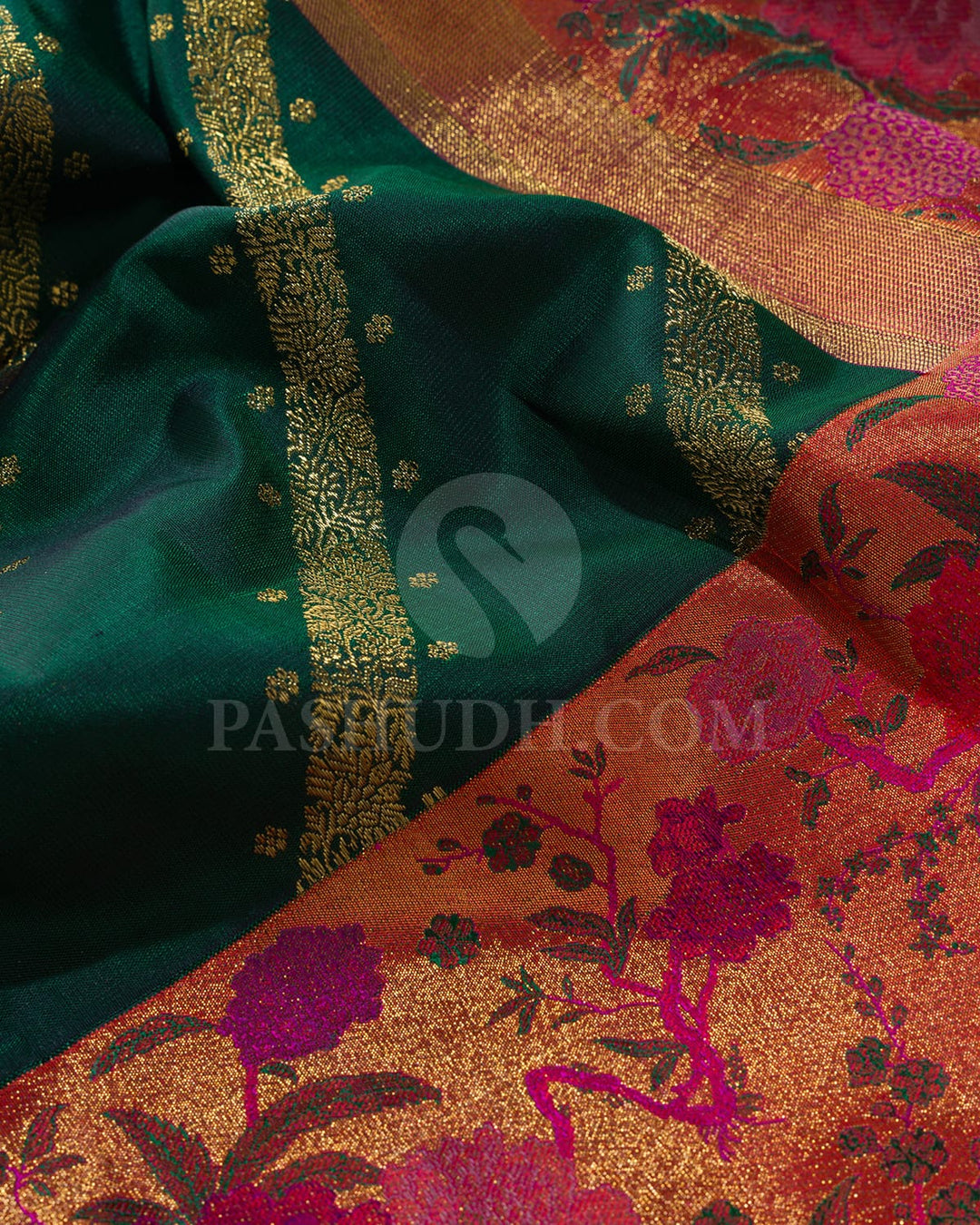Bottle Green Pure Zari Kanjivaram Silk Saree With Tissue And Shimmer Border-P206(A)
