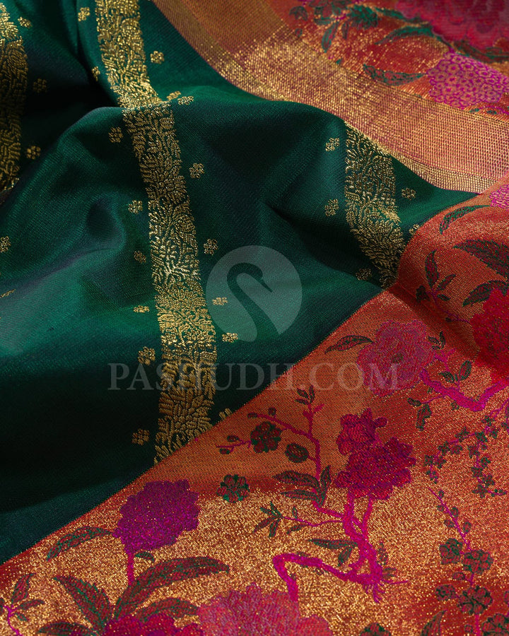 Bottle Green Pure Zari Kanjivaram Silk Saree With Tissue And Shimmer Border-P206(A)