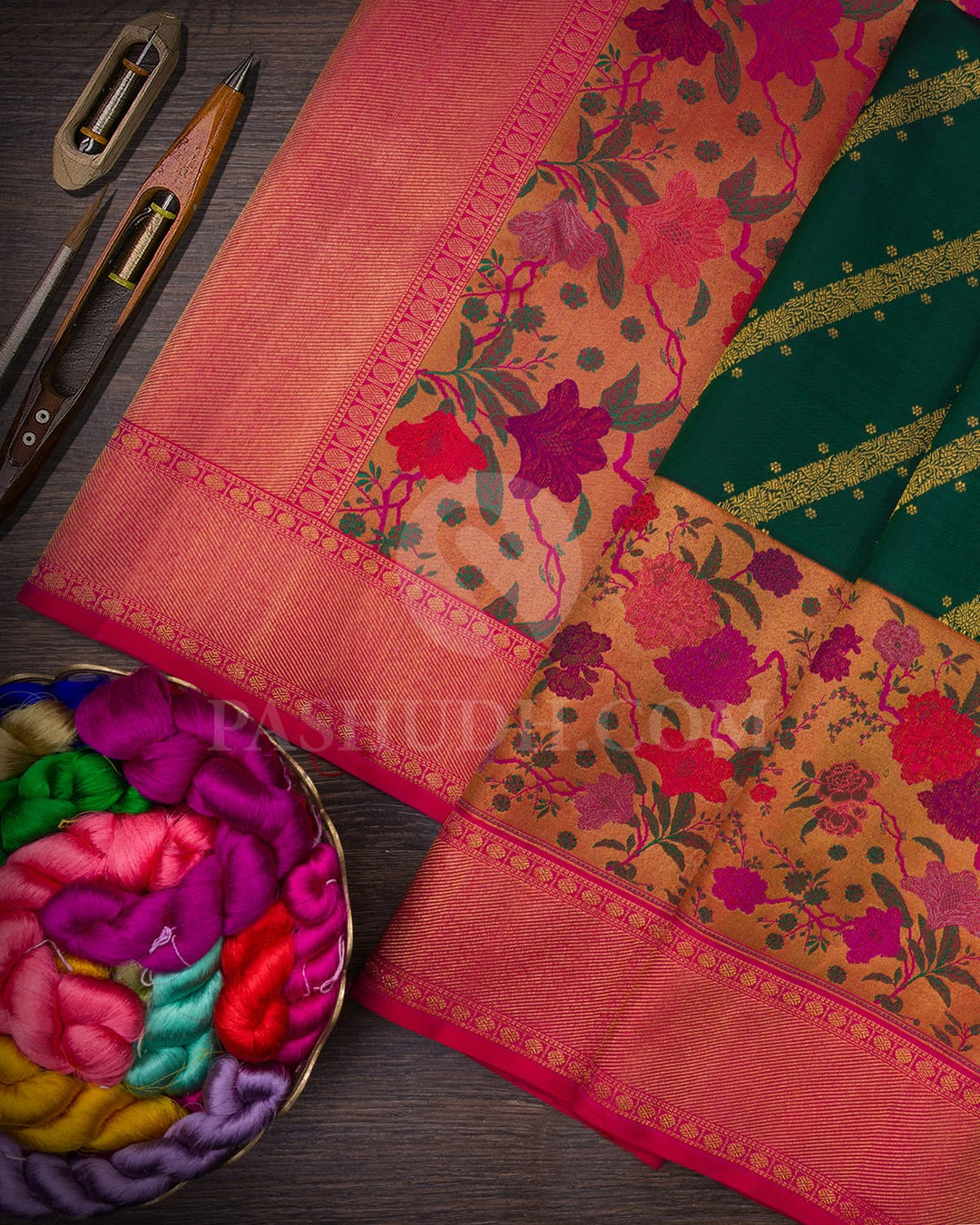 Bottle Green Pure Zari Kanjivaram Silk Saree With Tissue And Shimmer Border-P206(A)