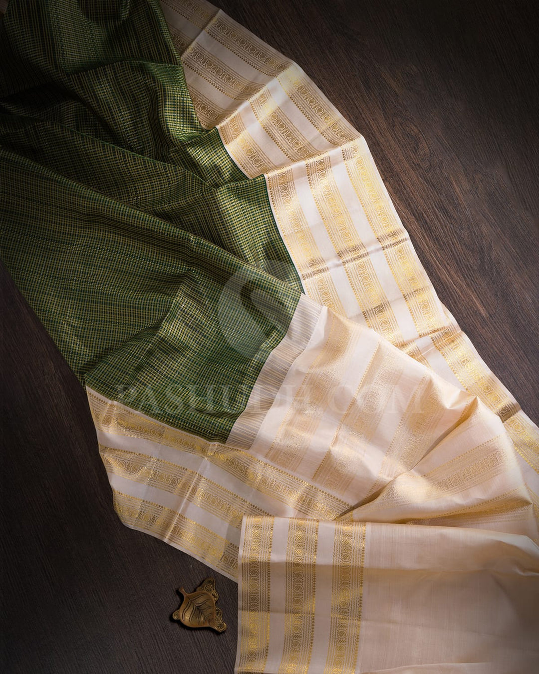 Bottle Green With Cream Kanjivaram Silk Saree-S1343(E)