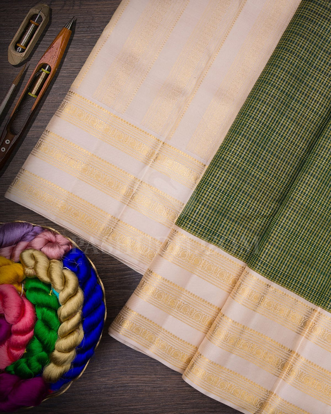 Bottle Green With Cream Kanjivaram Silk Saree-S1343(E)