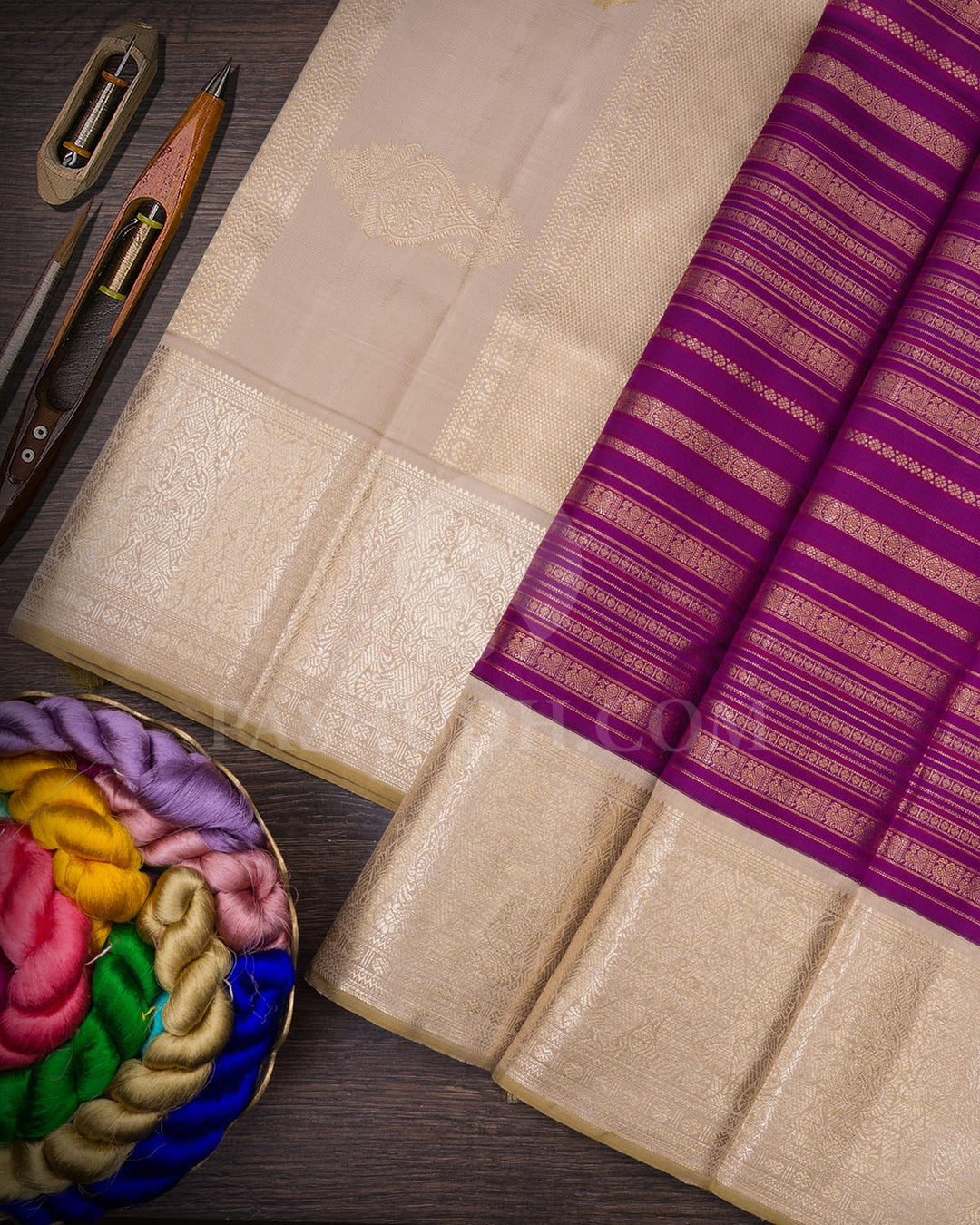 Violet And Half White Kanjivaram Silk Saree-S1203(E)