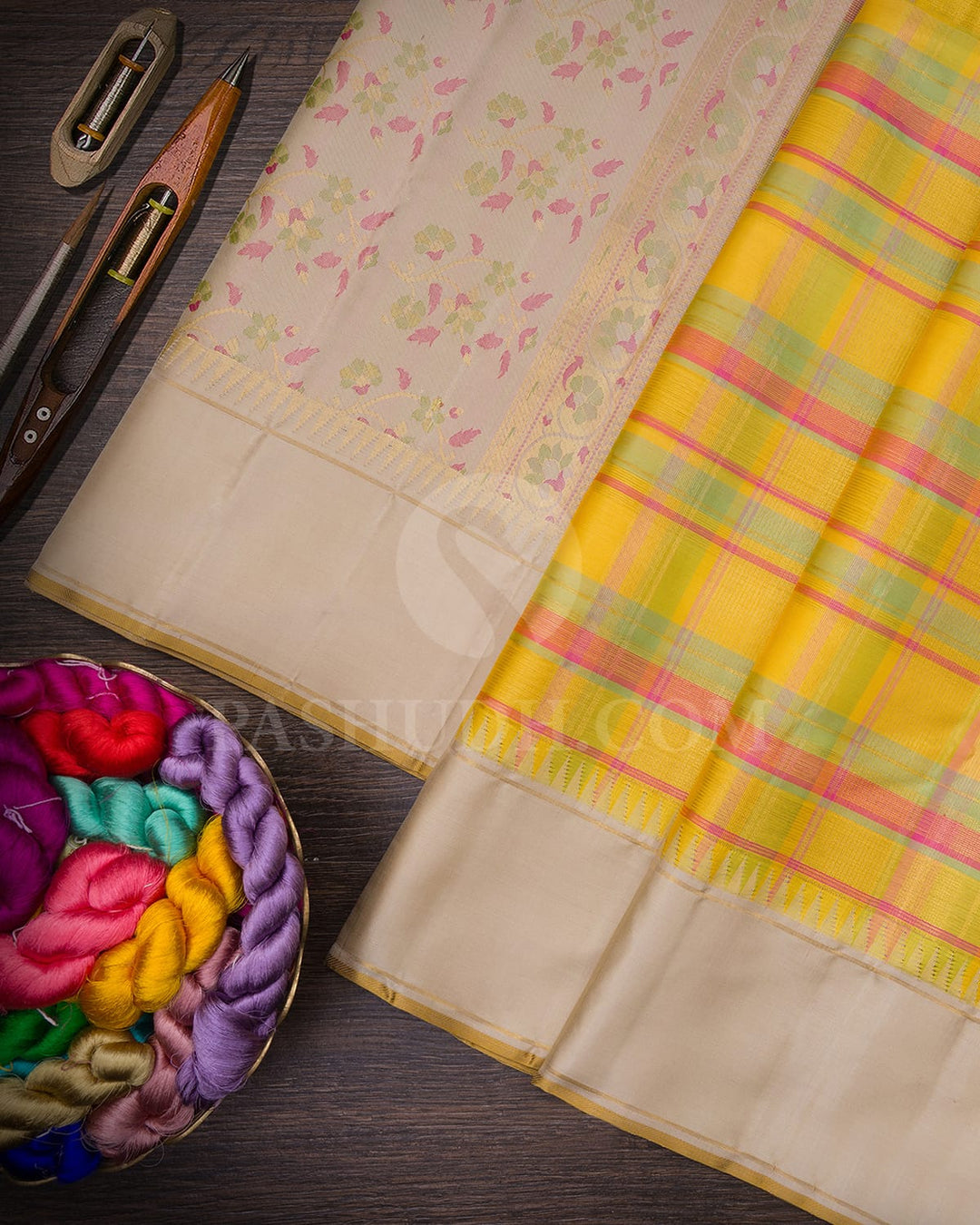 Yellow And Cream Kanjivaram Silk Saree-S1502(C)