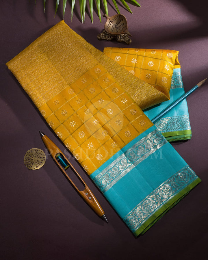 Mustard Yellow With Sky Blue Kanjivaram Silk Saree-S1575(B)