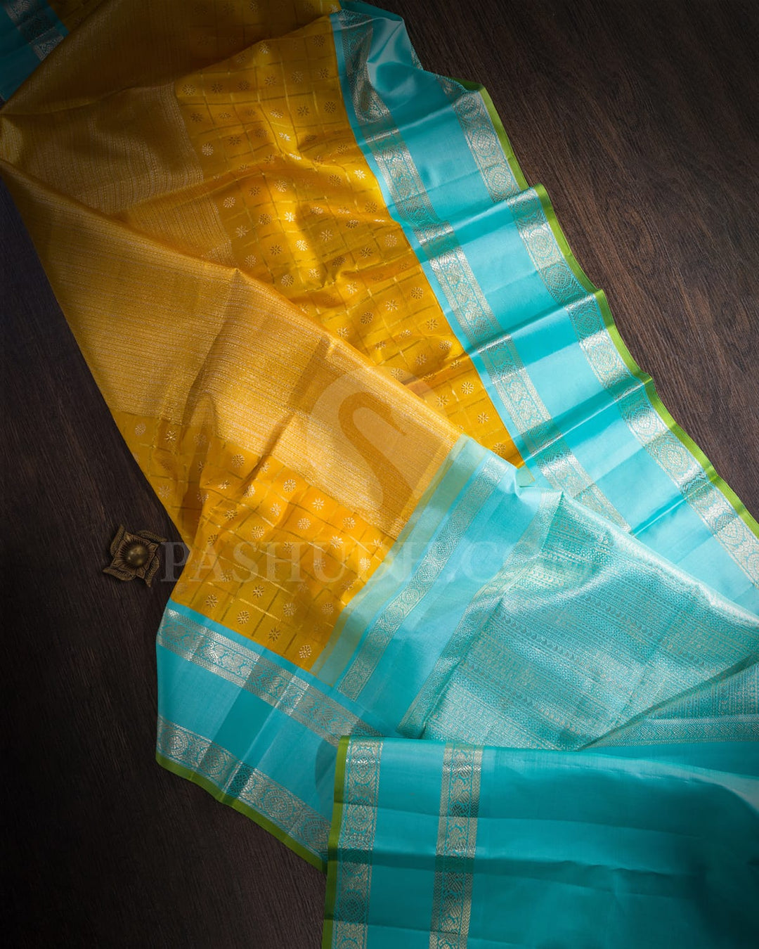 Mustard Yellow With Sky Blue Kanjivaram Silk Saree-S1575(B)