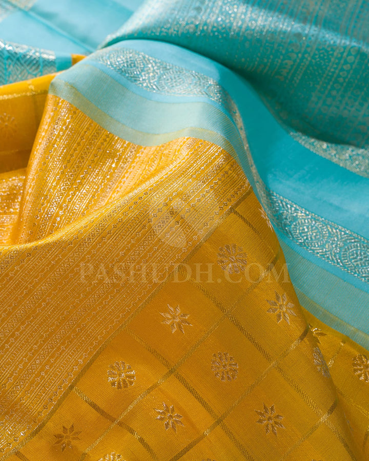 Mustard Yellow With Sky Blue Kanjivaram Silk Saree-S1575(B)
