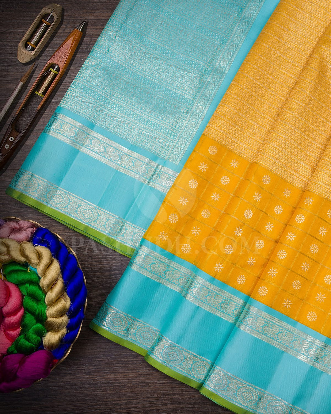 Mustard Yellow With Sky Blue Kanjivaram Silk Saree-S1575(B)