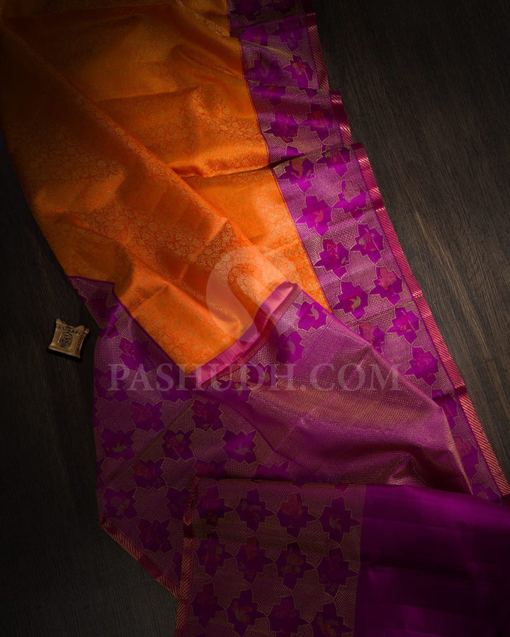 Orange With Purple Pure Zari Kanjivaram Silk Saree-P210(A)