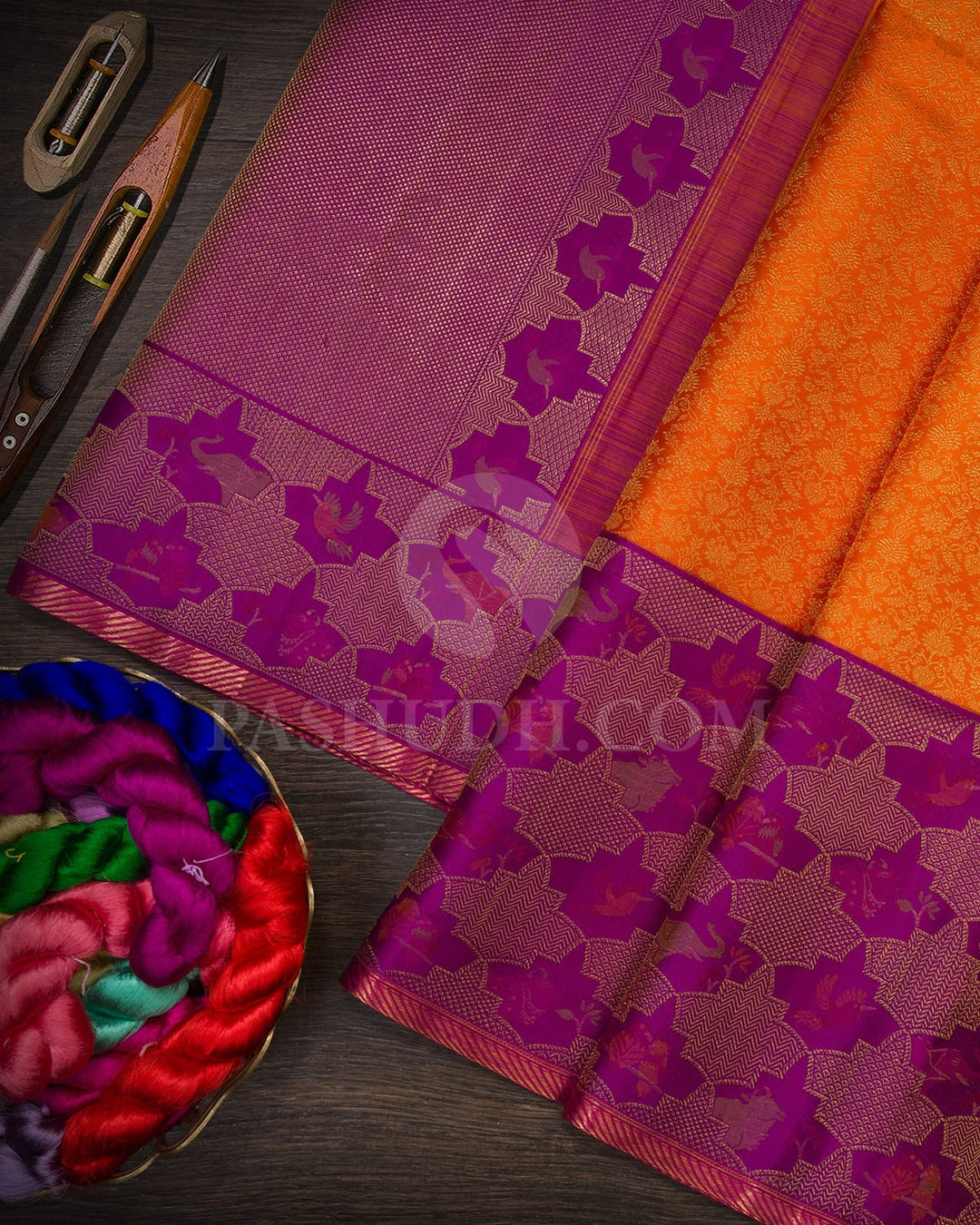 Orange With Purple Pure Zari Kanjivaram Silk Saree-P210(A)