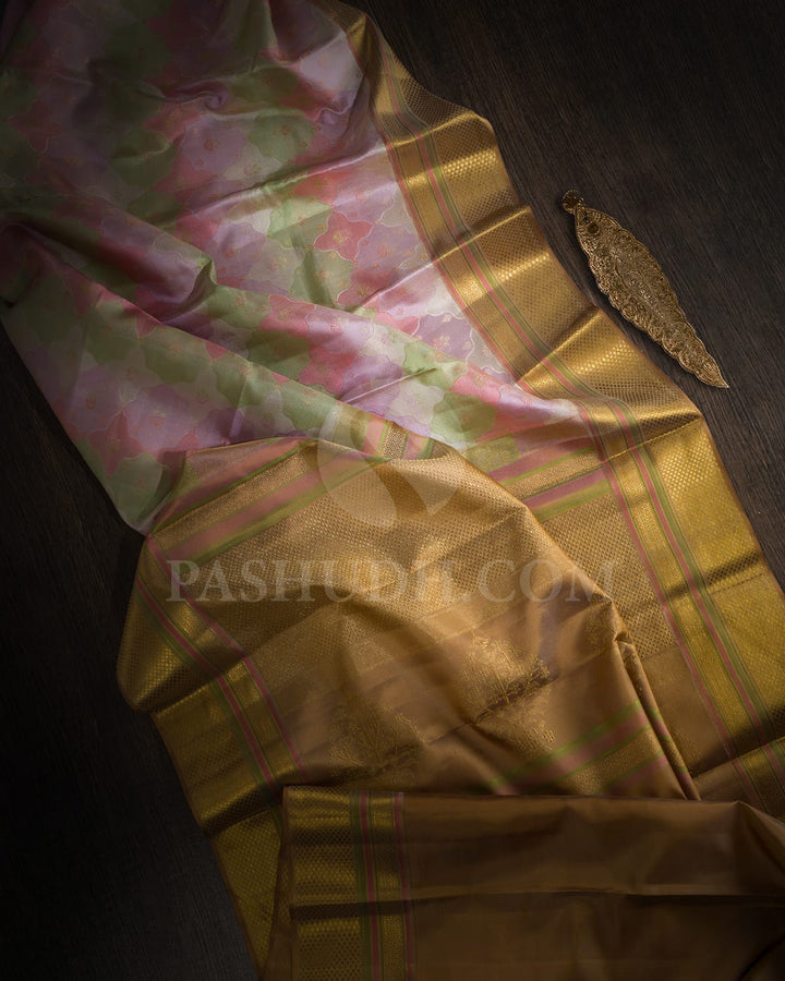 Pastel Multihued Green And Pink Kanjivaram Silk Saree With Golden Mustard Gold Zari Border-D661(A)