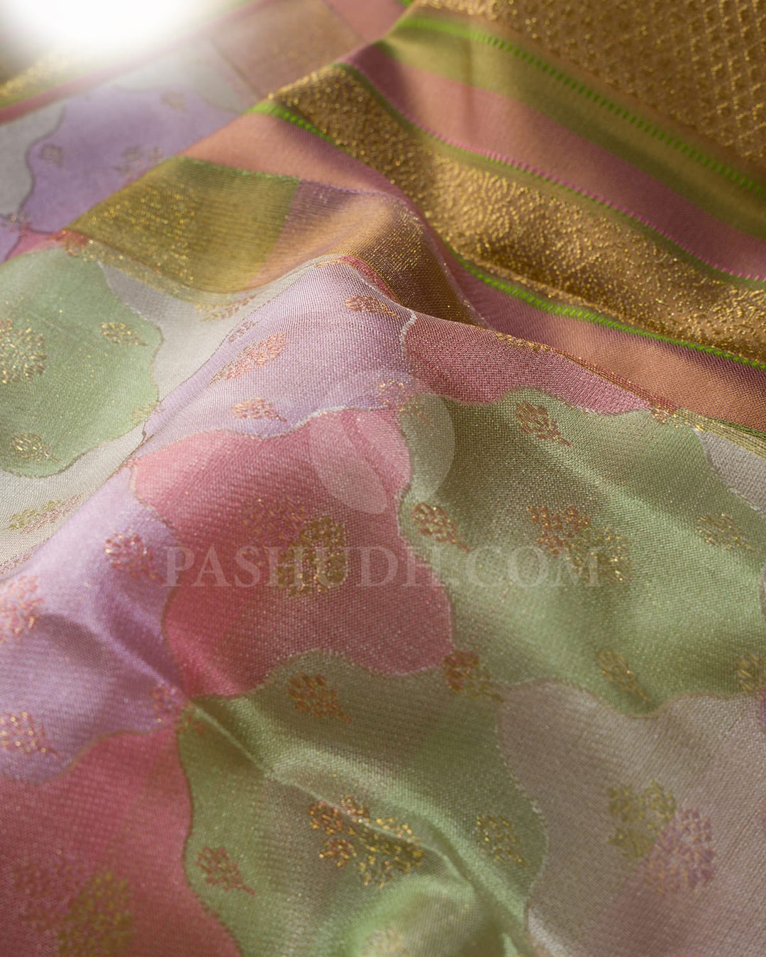 Pastel Multihued Green And Pink Kanjivaram Silk Saree With Golden Mustard Gold Zari Border-D661(A)