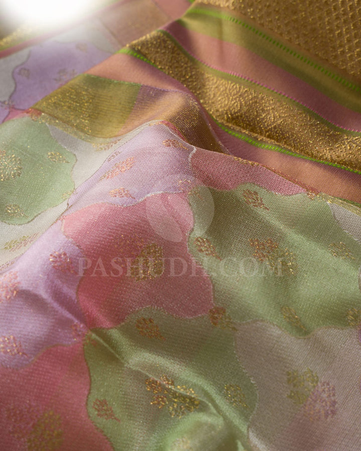 Pastel Multihued Green And Pink Kanjivaram Silk Saree With Golden Mustard Gold Zari Border-D661(A)