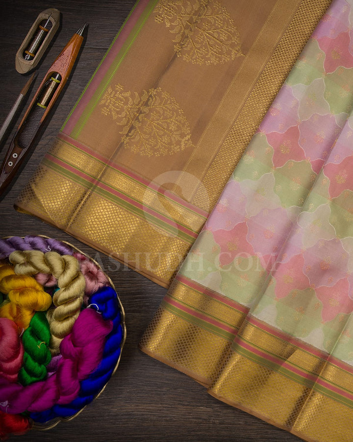 Pastel Multihued Green And Pink Kanjivaram Silk Saree With Golden Mustard Gold Zari Border-D661(A)