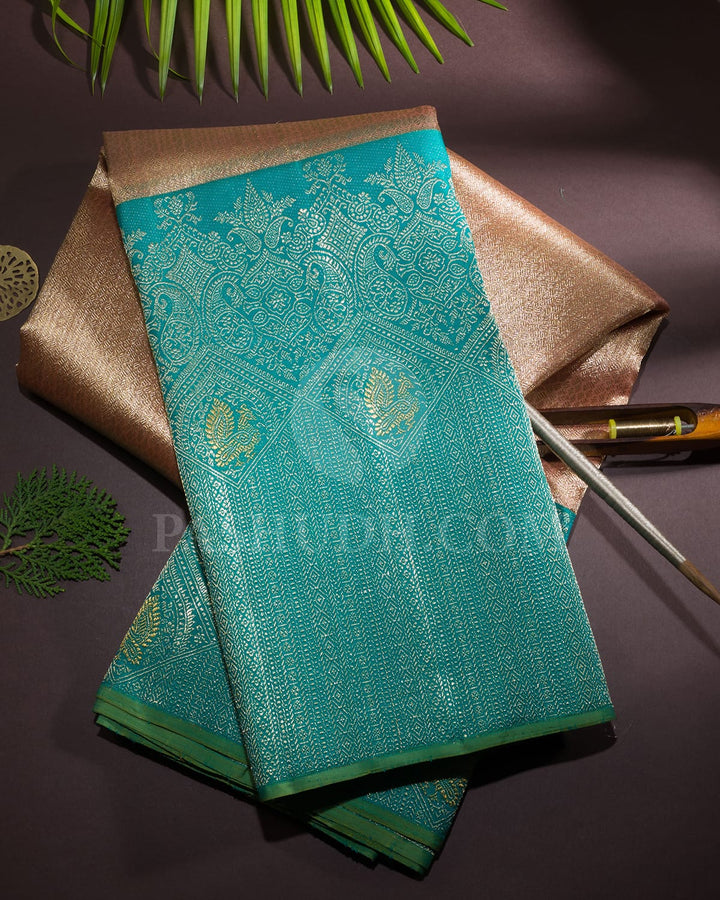 Peach Kora Organza Shimmer With Broad Turquoise Blue Kanjivaram Silk Saree-S1564(B)