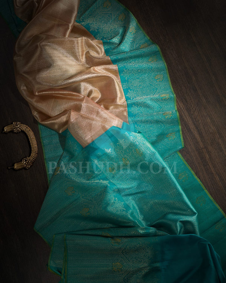 Peach Kora Organza Shimmer With Broad Turquoise Blue Kanjivaram Silk Saree-S1564(B)