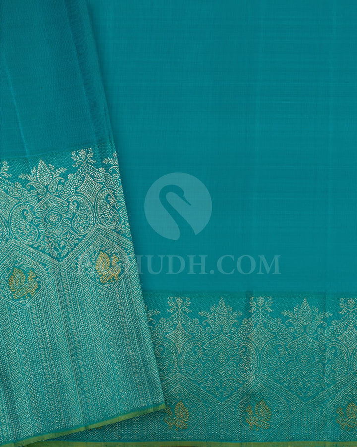 Peach Kora Organza Shimmer With Broad Turquoise Blue Kanjivaram Silk Saree-S1564(B)