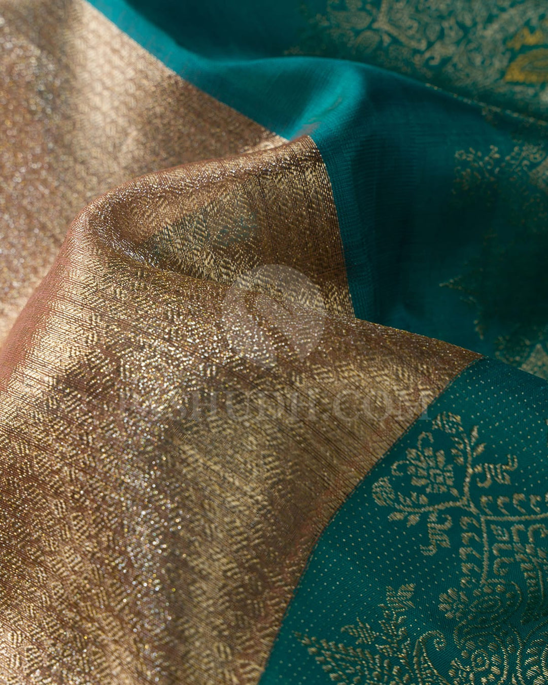 Peach Kora Organza Shimmer With Broad Turquoise Blue Kanjivaram Silk Saree-S1564(B)