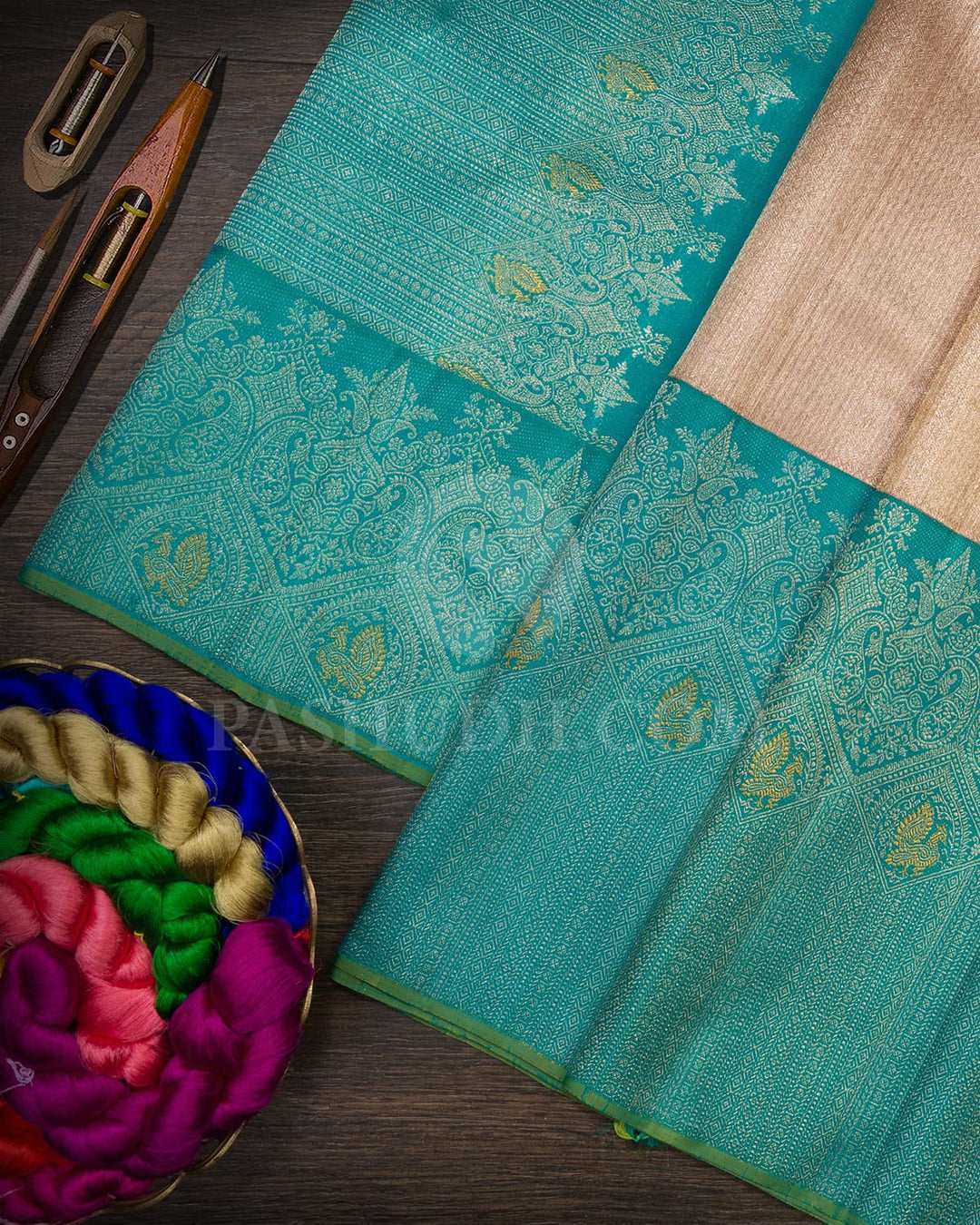 Peach Kora Organza Shimmer With Broad Turquoise Blue Kanjivaram Silk Saree-S1564(B)