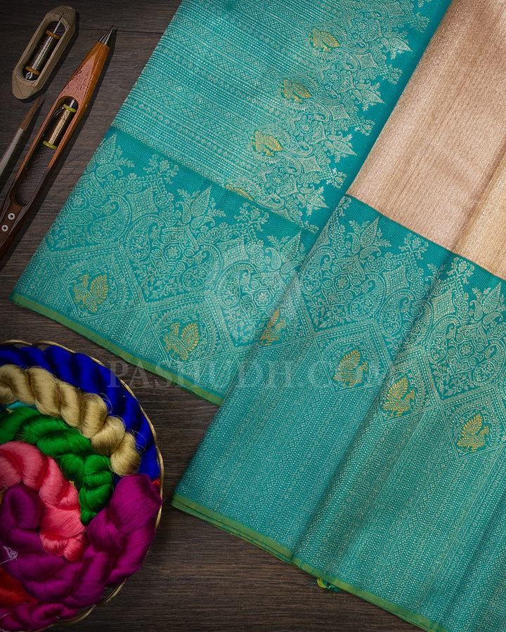 Peach Kora Organza Shimmer With Broad Turquoise Blue Kanjivaram Silk Saree-S1564(B)