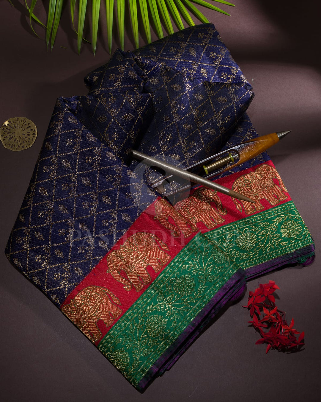 Navy Blue With Dual Shaded Red-Green Kanjivaram Silk Saree-S1597(A)