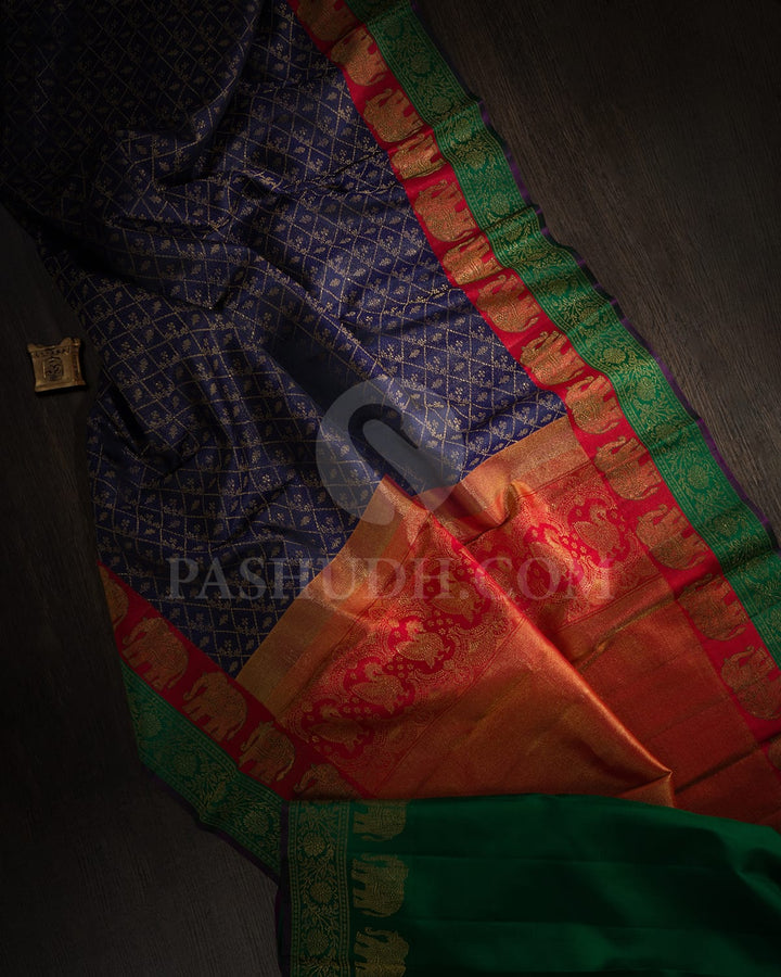 Navy Blue With Dual Shaded Red-Green Kanjivaram Silk Saree-S1597(A)