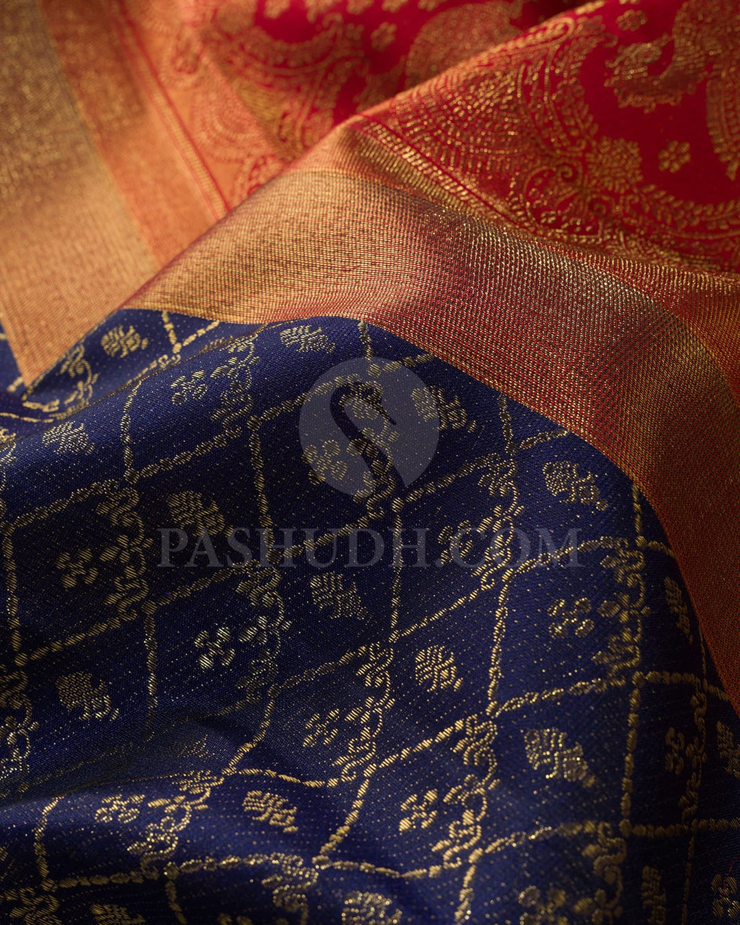 Navy Blue With Dual Shaded Red-Green Kanjivaram Silk Saree-S1597(A)