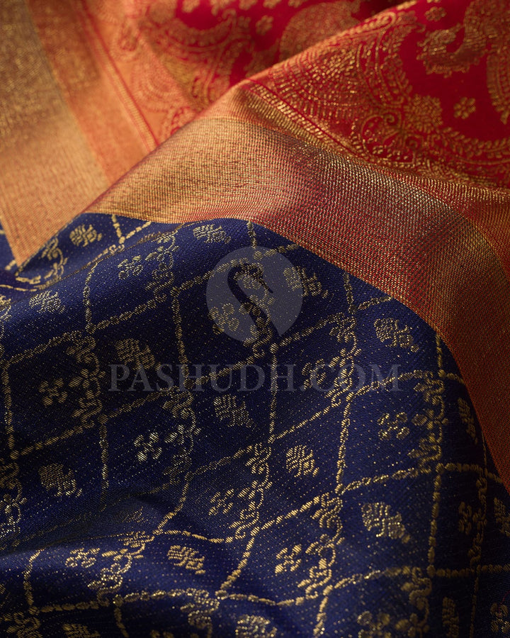 Navy Blue With Dual Shaded Red-Green Kanjivaram Silk Saree-S1597(A)