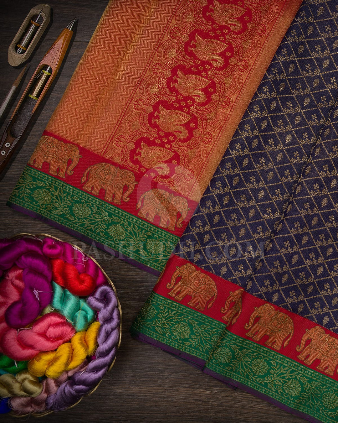 Navy Blue With Dual Shaded Red-Green Kanjivaram Silk Saree-S1597(A)