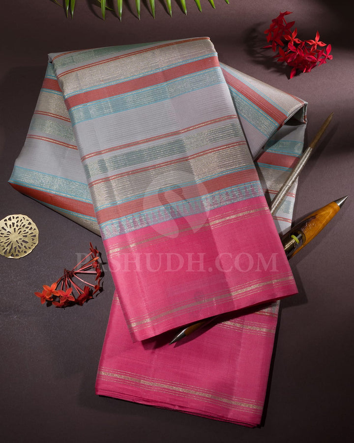 Grey, Multihued And Candy Pink Kanjivaram Silk Saree-AK24