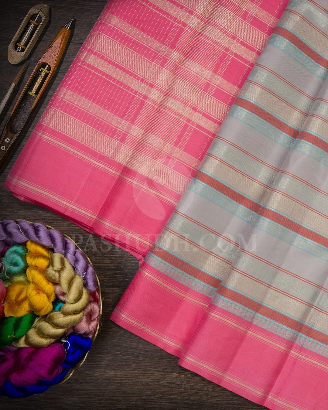 Grey, Multihued And Candy Pink Kanjivaram Silk Saree-AK24