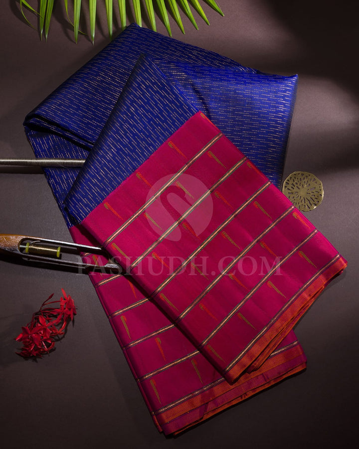 Royal Blue And Raspberry Pink Kanjivaram Silk Saree-S1480(D)