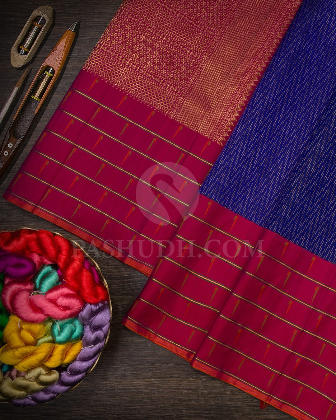 Royal Blue And Raspberry Pink Kanjivaram Silk Saree-S1480(D)