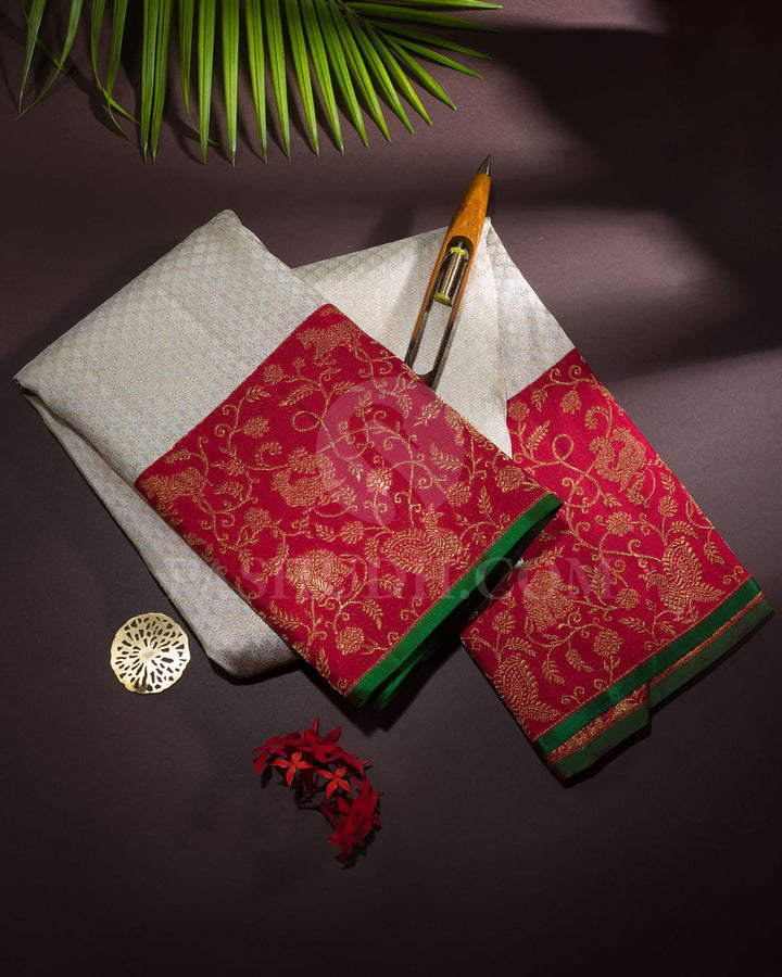 Half White Body With Silver Gold Zari Unique Peacock Eye Pattern And Red Border With Gold Zari Vanasingaram Floral Jaals-S1596(A)