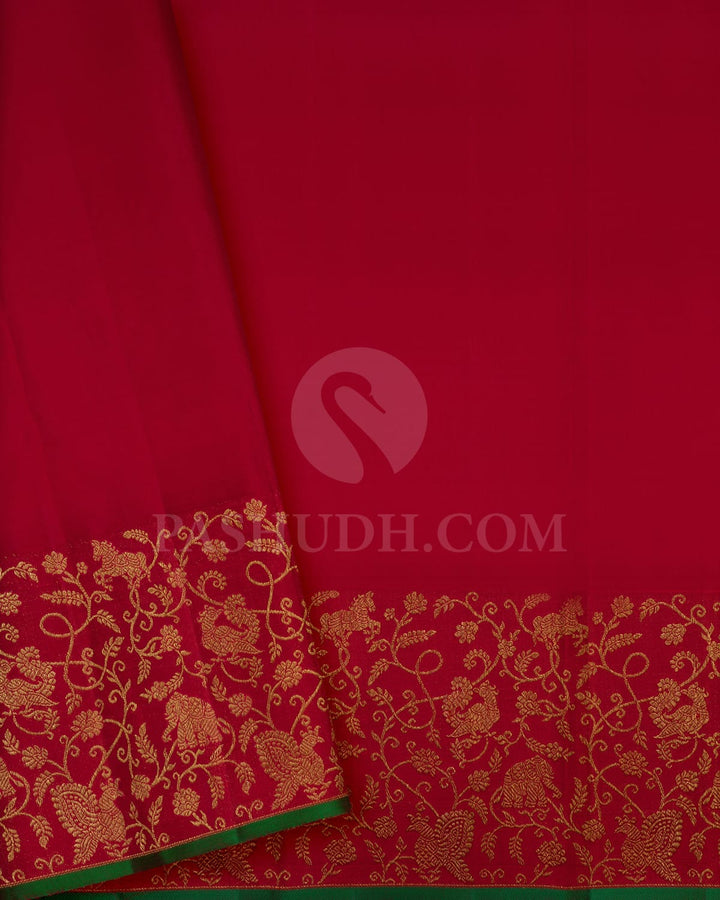 Half White Body With Silver Gold Zari Unique Peacock Eye Pattern And Red Border With Gold Zari Vanasingaram Floral Jaals-S1596(A)