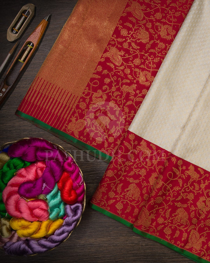 Half White Body With Silver Gold Zari Unique Peacock Eye Pattern And Red Border With Gold Zari Vanasingaram Floral Jaals-S1596(A)