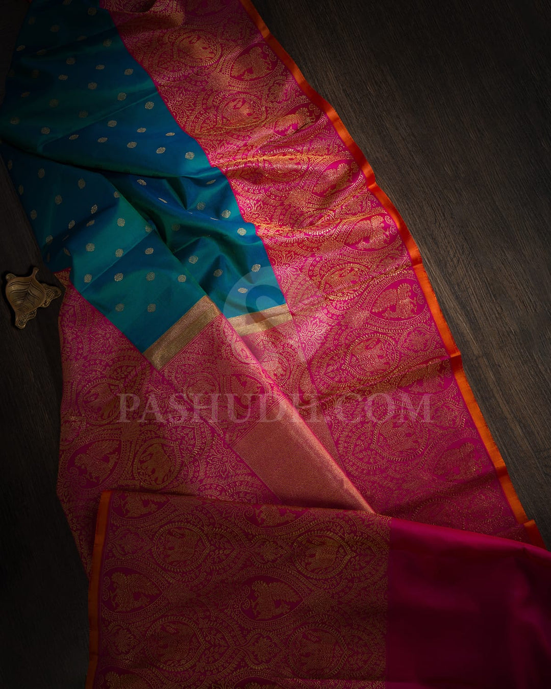Peacock Blue With Rani Pink Pure Zari Kanjivaram Silk Saree-P211(A)