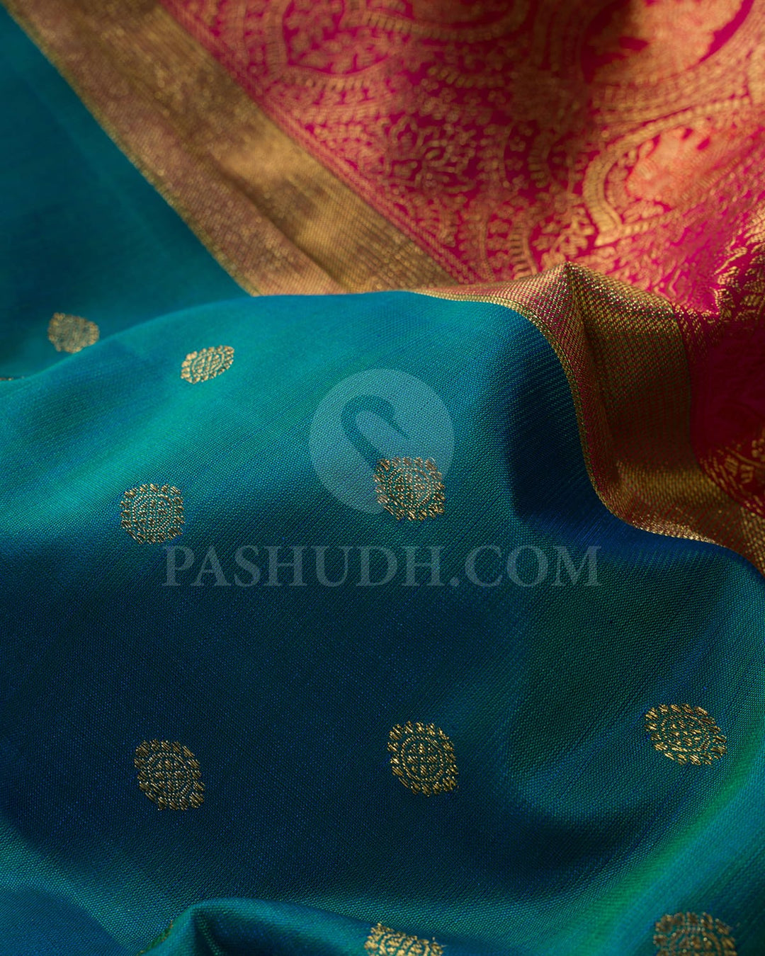 Peacock Blue With Rani Pink Pure Zari Kanjivaram Silk Saree-P211(A)